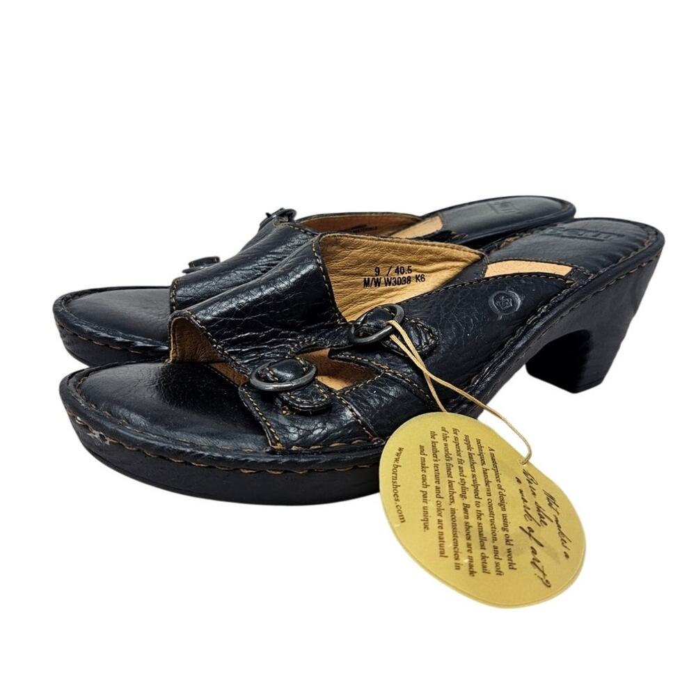 NEW Born 9 Black Leather Slide Sandal Heel Comfort Casual Buckle Minimalist